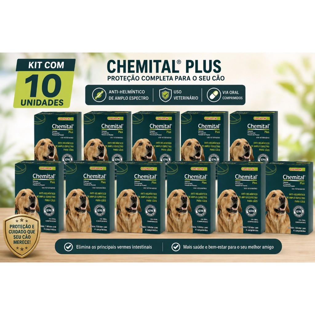 Chemital Plus Com 4 Comprimidos Chemitec Vermífugo Para Cães Kit Com 10 Cx