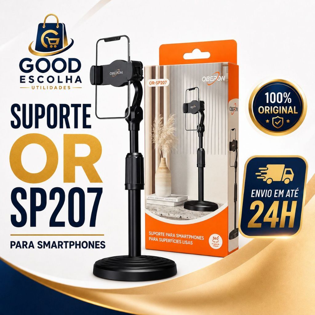 Suporte para Celular Oberon OR-SP207 Ajustável 360° Base de Mesa para Smartphone Vídeos Lives Chamadas