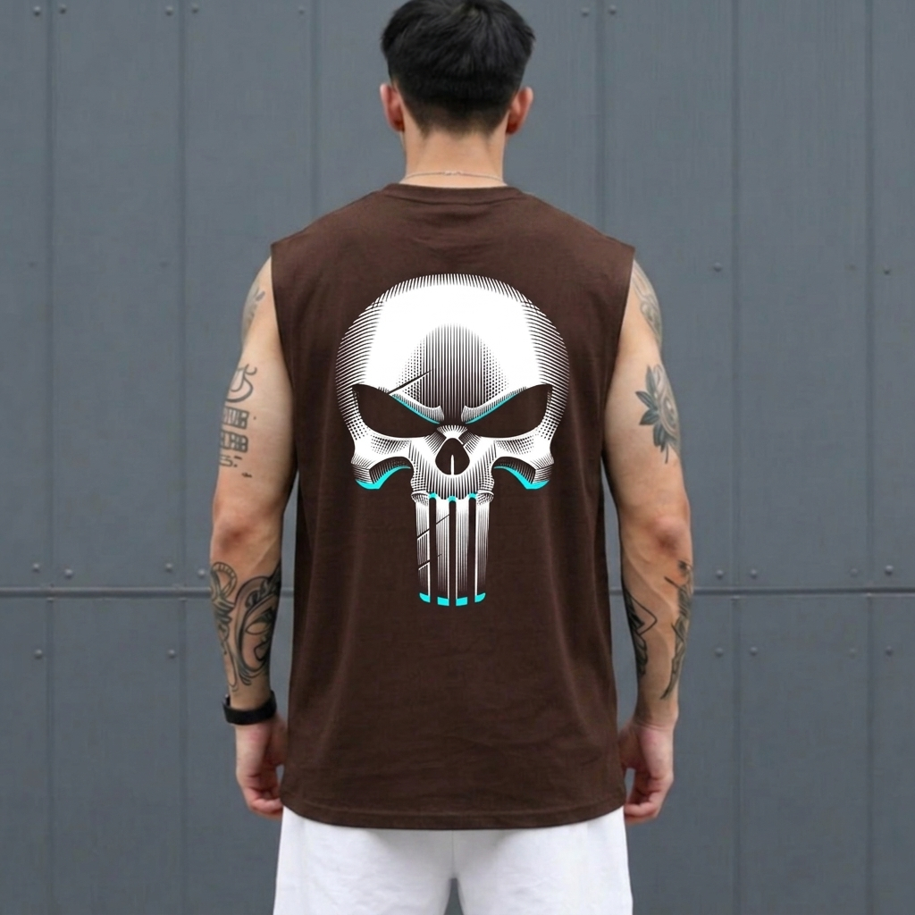 Regata Streetwear Oversized Punisher Estampa Premium Confortavel Moda Masculina Treino Para Marrom