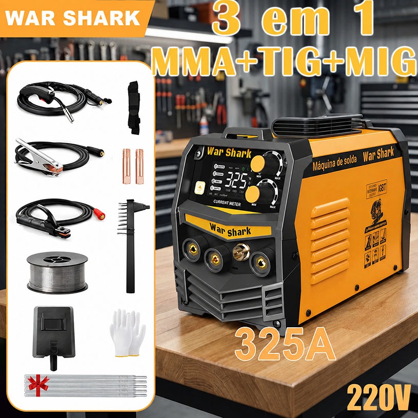 War Shark 325A MMA+TIG+MIG 3 em 1 Máquina Solda Inversora Dispositivo Multifuncional Com Visor digital