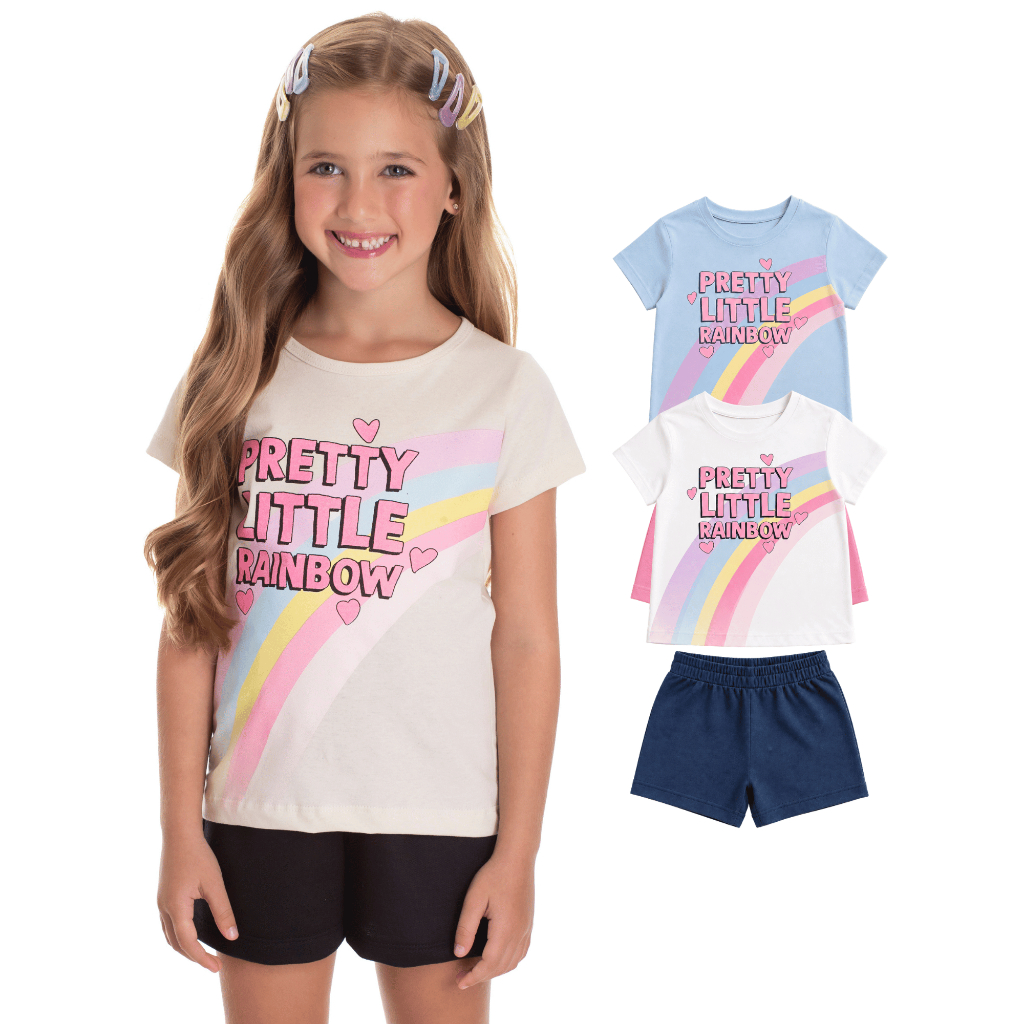 Conjunto Infantil Feminino Camiseta Algodão Arco-Íris Bermuda Moletinho Tamanhos 4 6 8