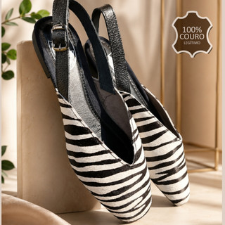 Sapatilha Feminina Couro Legítimo Aberto Elegante Trabalho Animal Print Zebra Fivela - MARTINA 75