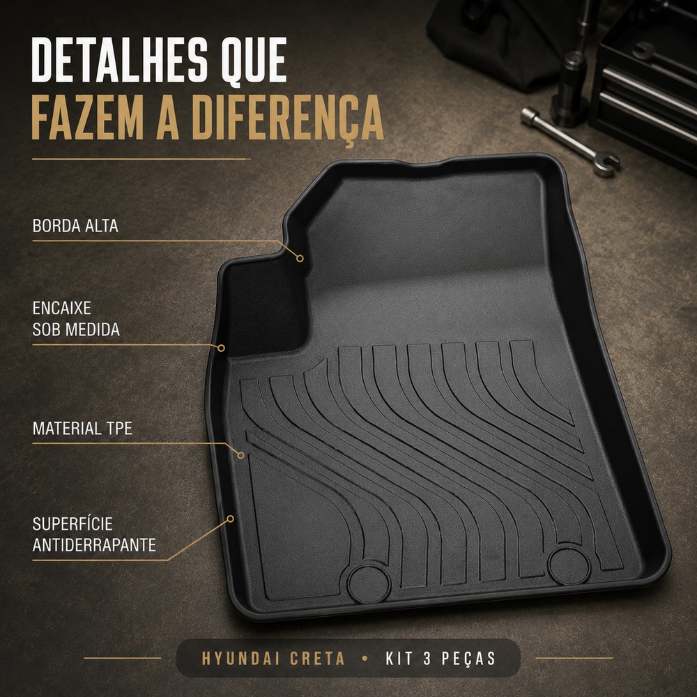 Jogo De Tapetes Com 3 Peças Premium Bandeja Borda Alta Borracha Tpe 3D Para Hyundai Creta 2017-2026 · foto 2