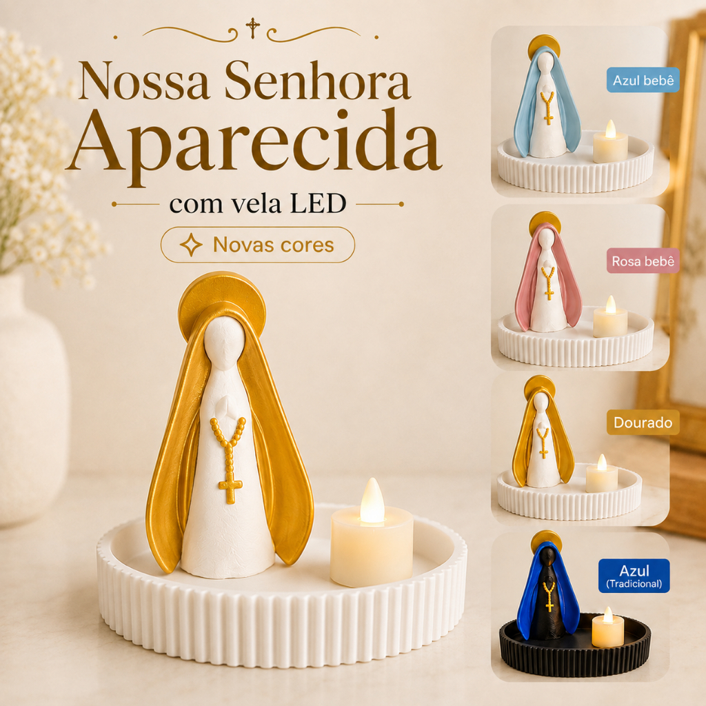Nossa Senhora Aparecida com Vela LED e Bandeja Decorativa Religiosa