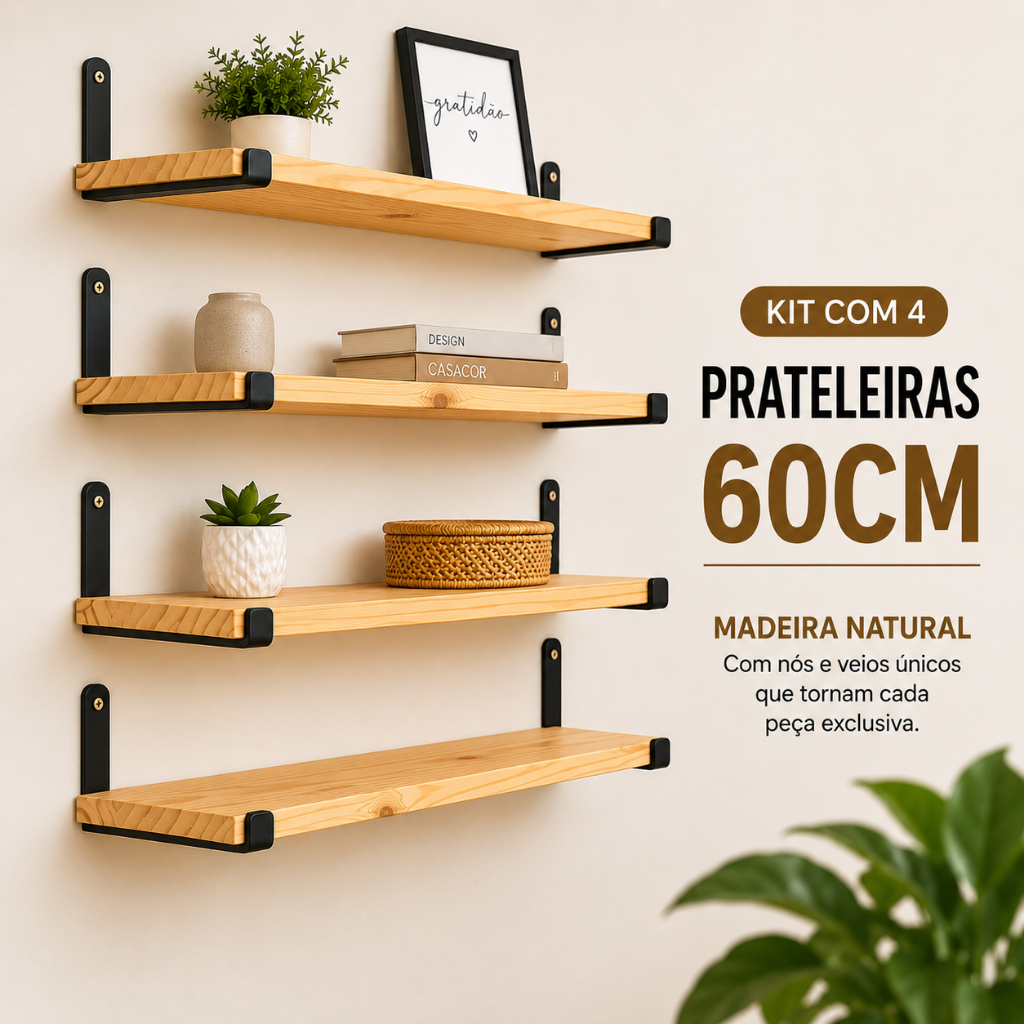 Kit 4 Prateleiras Madeira Suporte Mao Francesa Invertida Madeira Pinus Natural Seca Premium