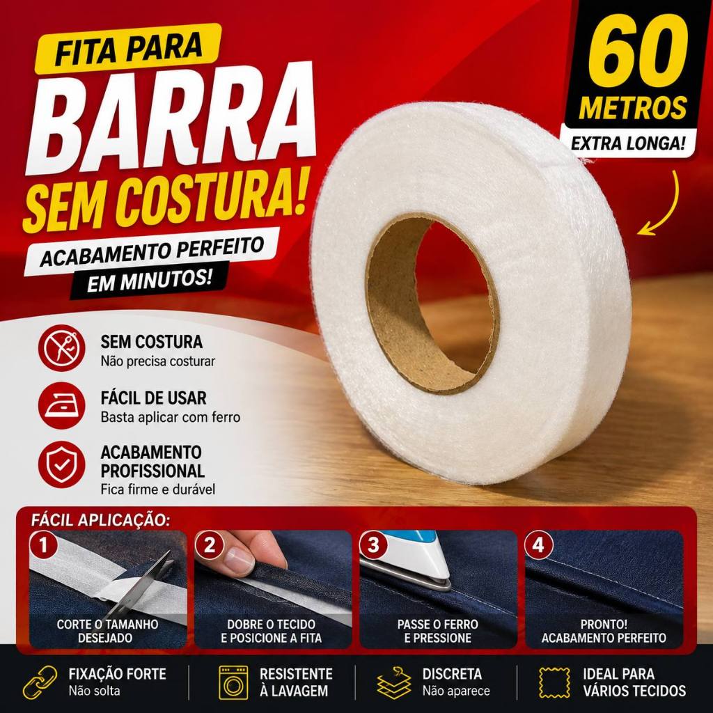 FITA BARRA SEM COSTURA! 60 metros bainha Barra Calça Jeans Roupa Bainha cortina 