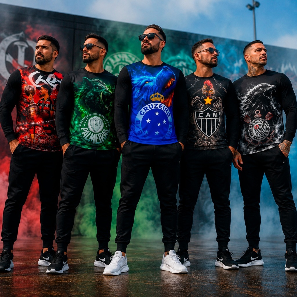 Camisa Camiseta Masculina Manga Longa Vários Times de Futebol Proteção UV50+