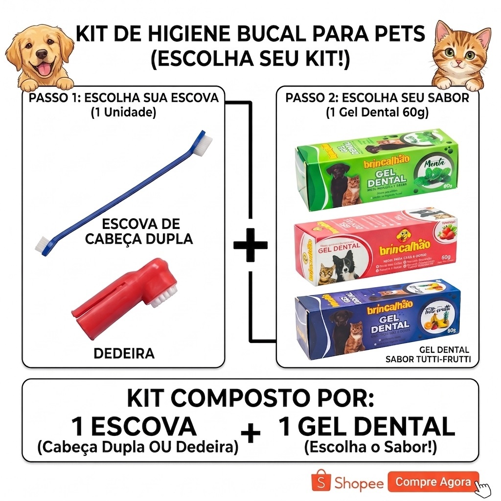 Kit 1 Pasta de Dente 1 Dedeira ou 1 Escova Dupla para Cães Gatos Cachorros Brincalhão