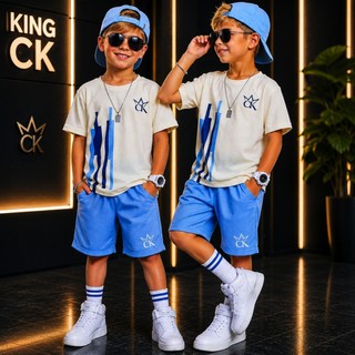 Conjunto Infantil Menino Juvenil Verão Estiloso bermuda e Camiseta Premium  Veste Do 2 até 12 anos