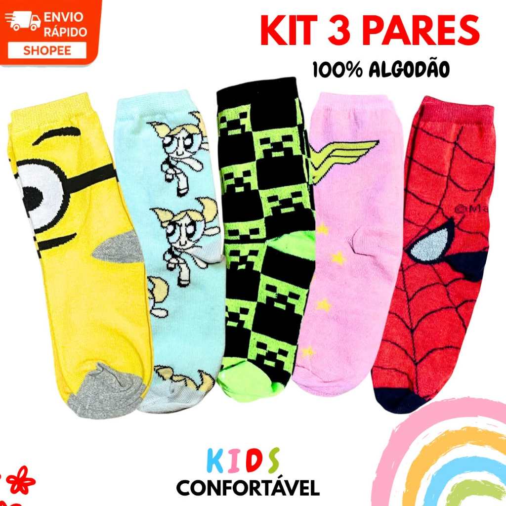 Kit Pares Meias Infantis Cano Médio Personagens Menina e Menino Algodão Confortável ENVIO IMEDIATO