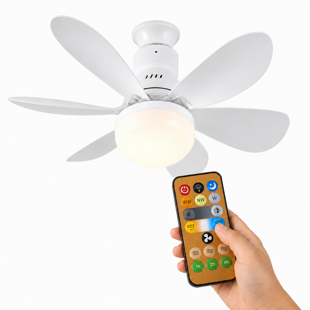 Ventilador de Teto Luz LED Potente Econômica Instalação Fácil E27 Branco 6 Pás 3 Tipos Silencioso Controle Remoto Bivolt