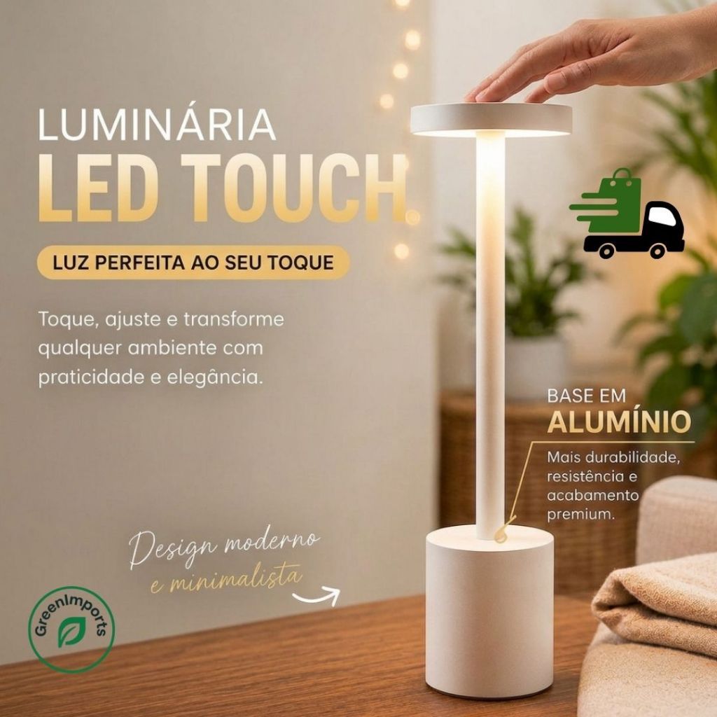 Luminária Touch LED Sem Fio Recarregável em Alumínio para Mesa de Cabeceira
