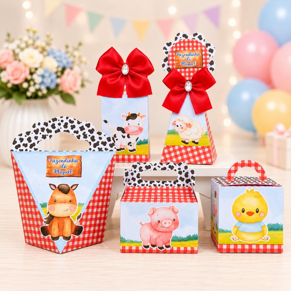 Kit Festa Fazendinha Vermelha Personalizado Caixinhas para Lembrancinhas Fácil Montagem Envio Rápido