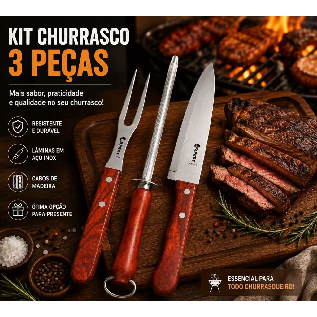 Kit Churrasco 3 Peças Faca para Carne Garfo Trincheiro e Chaira Afiadora com Cabo de Madeira Aço Inox