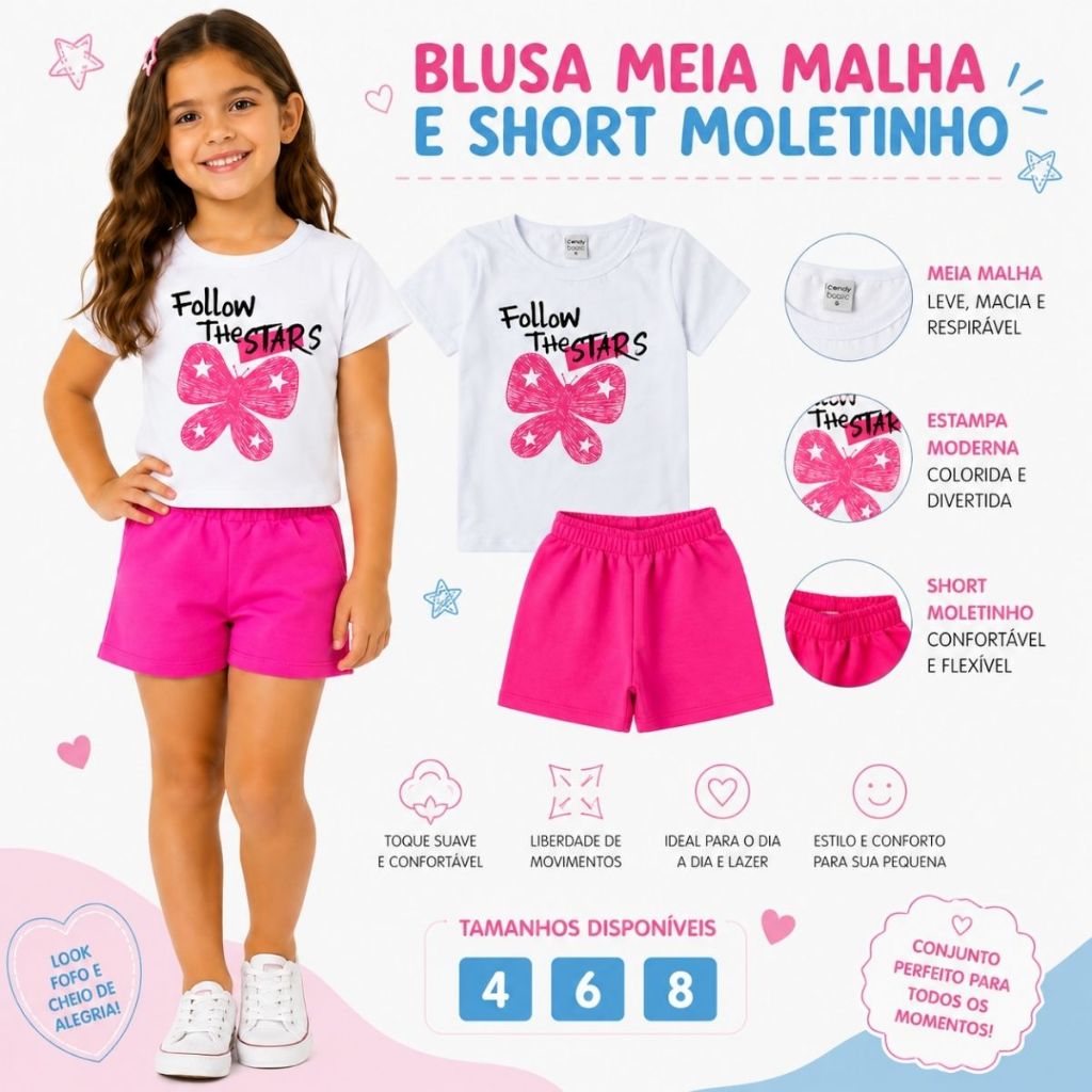Conjunto Infantil Feminino Blusa Shorts Menina Roupa Criança Camiseta Manga Passeio Verão Estampado