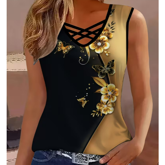 Blusa feminina social regata preta e dourada estampada floral tiras cruzadas decote V elegante
