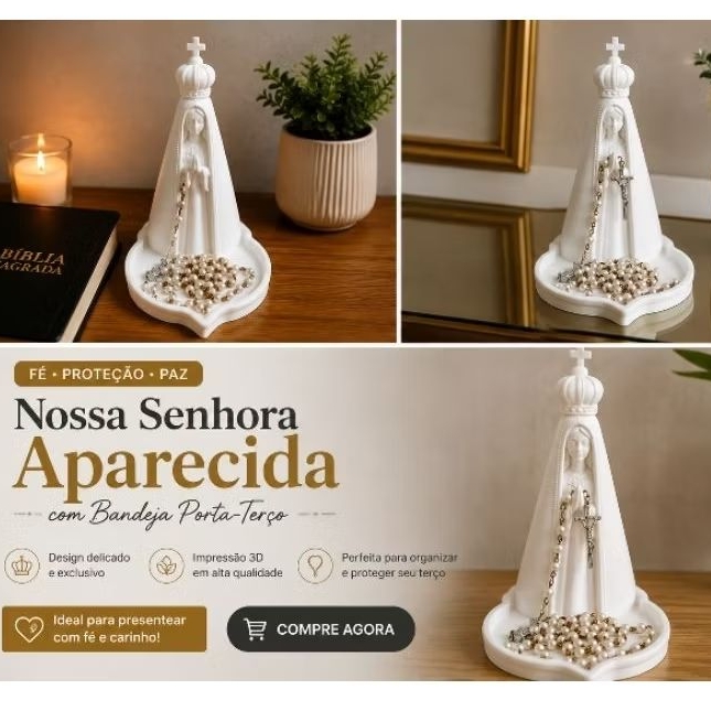 Nossa Senhora Aparecida com Bandeja Porta Terço Decorativa – Imagem Religiosa Católica Impressão 3D