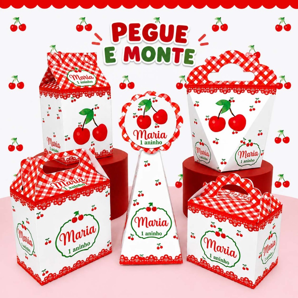 Kit Caixinha Cerejinha Personalizada | Lembrancinha Festa Aniversário Cerejinha | Kit Cerejinha Cereja "pegue e monte"