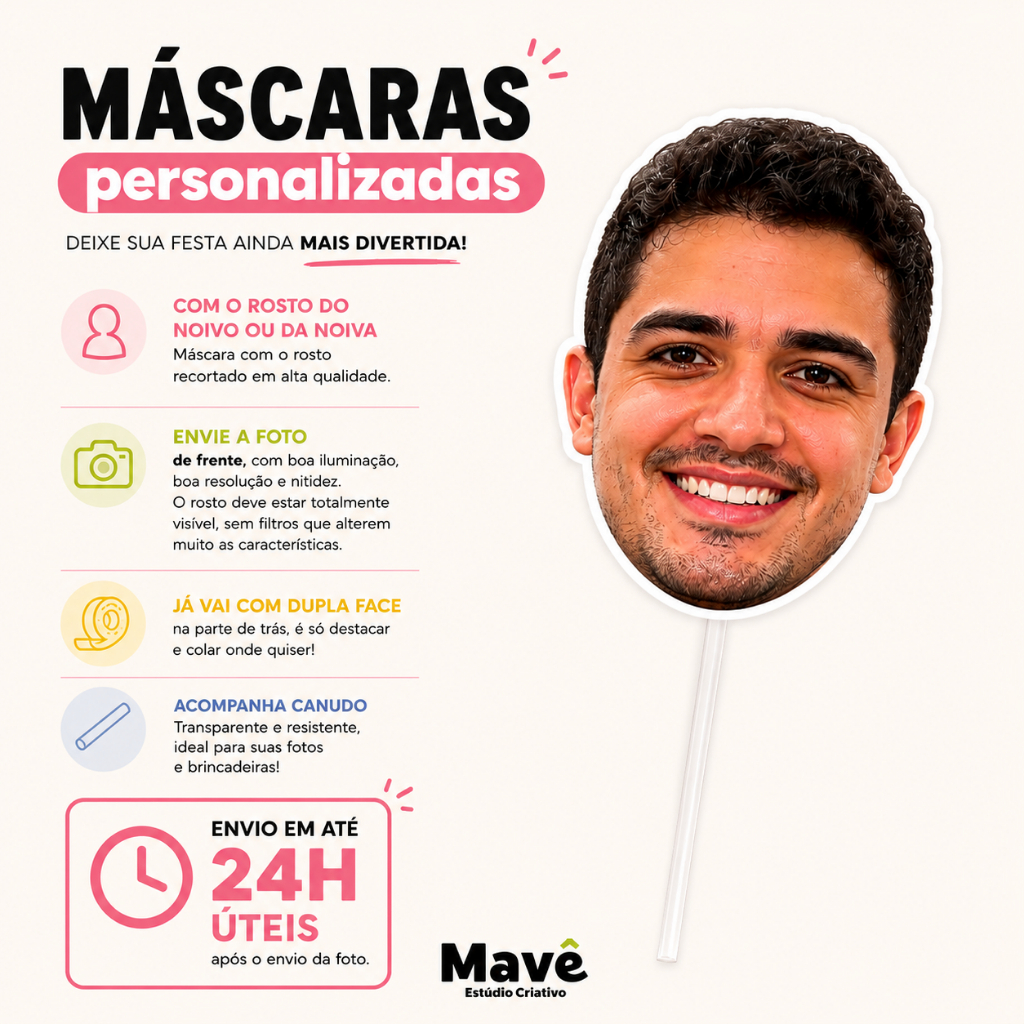 ENVIO RÁPIDO Máscara Personalizada com Foto do Rosto | Noivo e Noiva | Despedida de Solteiro, Chá Bar e Casamento
