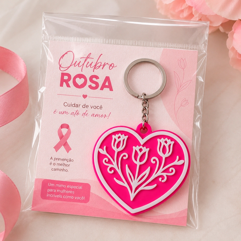 Kit Chaveiro Abridor de Latas Coração - Protetor de Unhas Outubro Rosa Lembrancinha