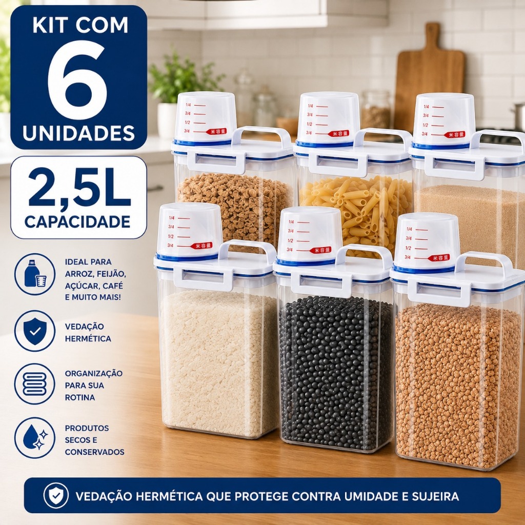 Kit 6 Potes Herméticos 2,5L Para Mantimentos com Copo Medidor e Bico Dosador Organizador de Cozinha e Despensa