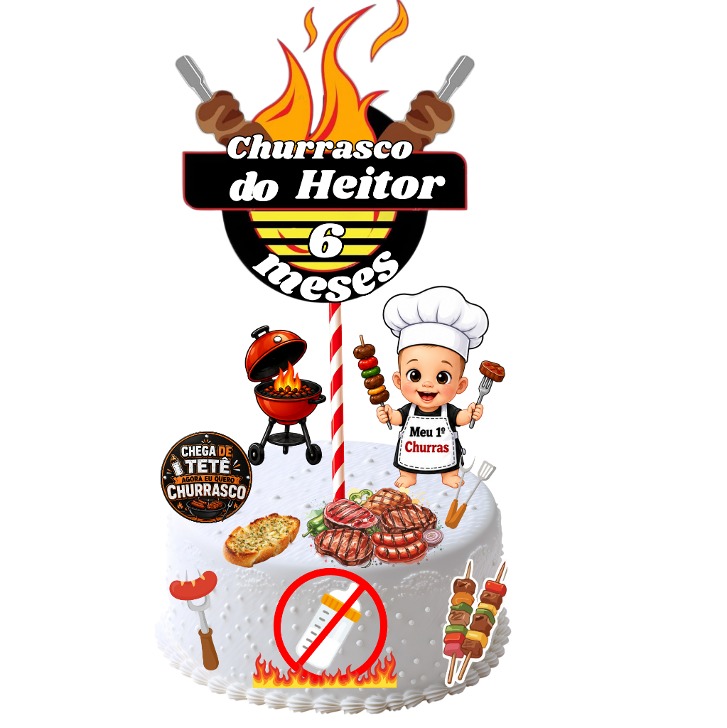 Topo Topper  de Bolo para Mêsversario, Chega de Tetê, eu Quero Churrasco - Envio Imediato!