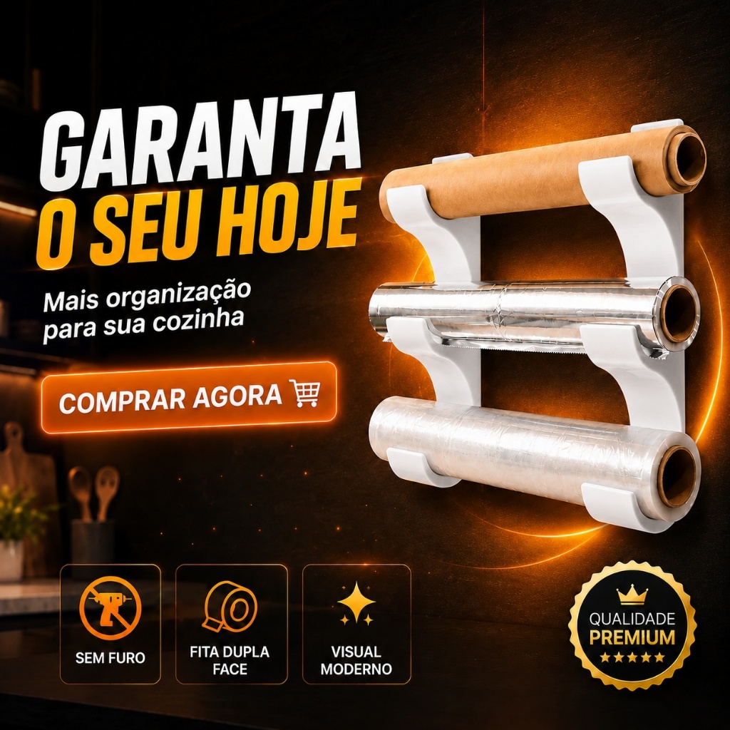 Suporte Organizador Porta Rolos Cozinha Papel Alumínio Filme PVC Papel Manteiga Sem Furos Armário