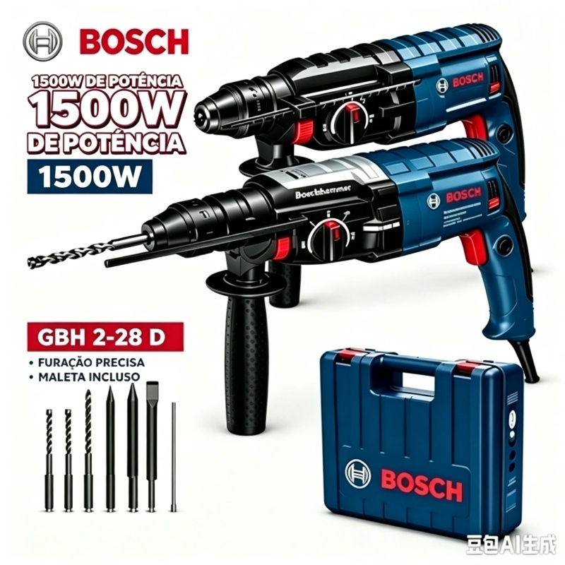 Martelete Rotativo Bosch GBH 2-28D Furadeira de Impacto 1500W 3.2J Profissional SDS Plus caixa de ferramentas completa