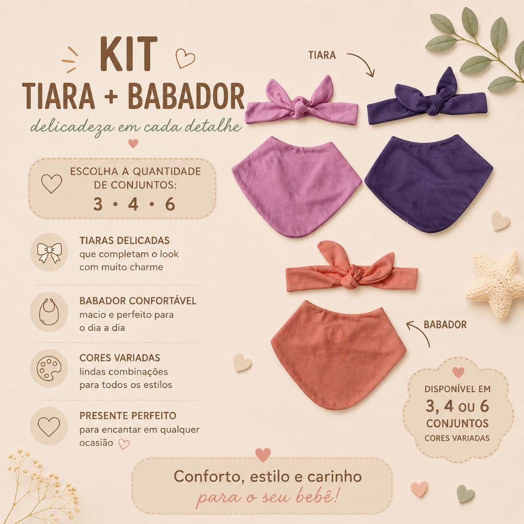 Kit Babador bandana infantil + turbante tiara nózinho menina
