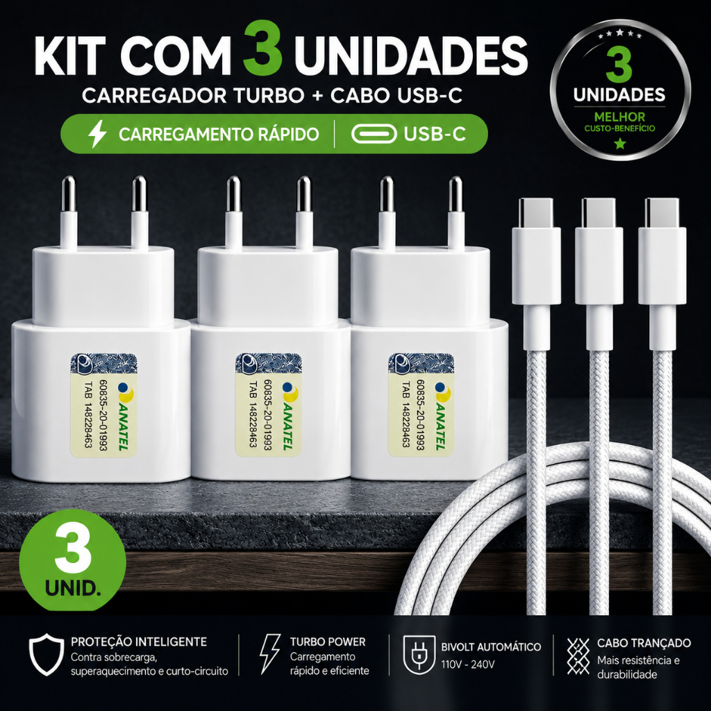 Kit De 1 / 2 / 3 Carregadores Completo Cabo + Fonte Turbo 20W  P/ Iphone 15 16 17 Carregamento Rápido