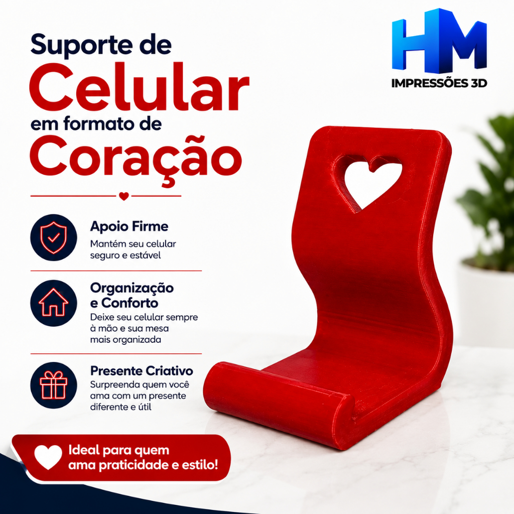 Suporte para Celular de Mesa Coração Porta Celular Smartphone Decorativo Presente Criativo Impressão 3D Premium