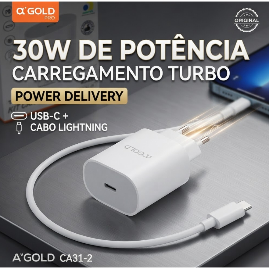 Carregador Turbo A'Gold CA31-2 30W PD USB-C com Cabo Lightning Original