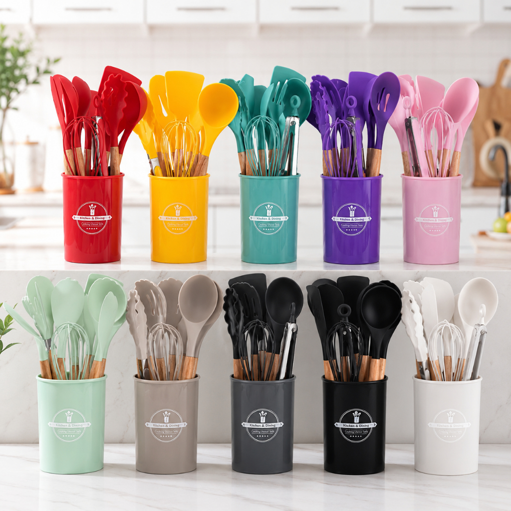 Jogo de Cozinha Kit C/12 Peças de Silicone, Utensílios e Copo Suporte para Cozinha Cabo de Madeira