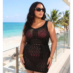 Saída de Praia Curta Plus Size Crochê Feminina Tricô Vazada Cordão Moda Verão Elegante
