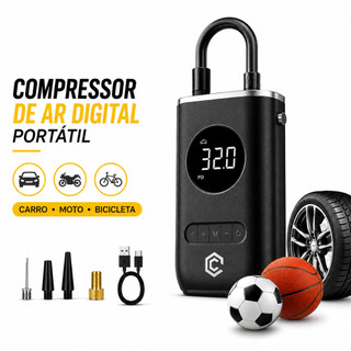 Compressor De Ar Digital Portátil para Carro Moto Bicicleta Recarregável Preto