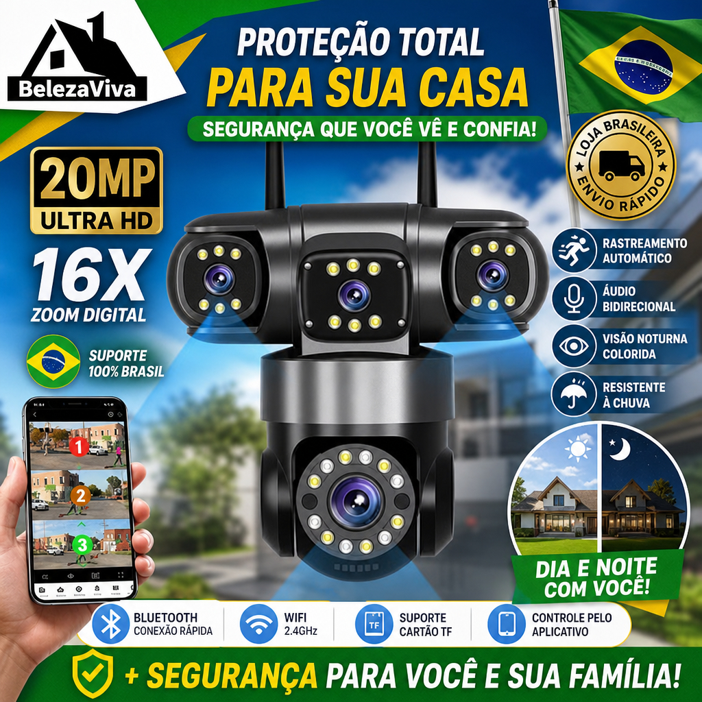 3 Lentes Câmera De Segurança a Prova de água WiFi Visão Noturna 360° Externa IP66 P16