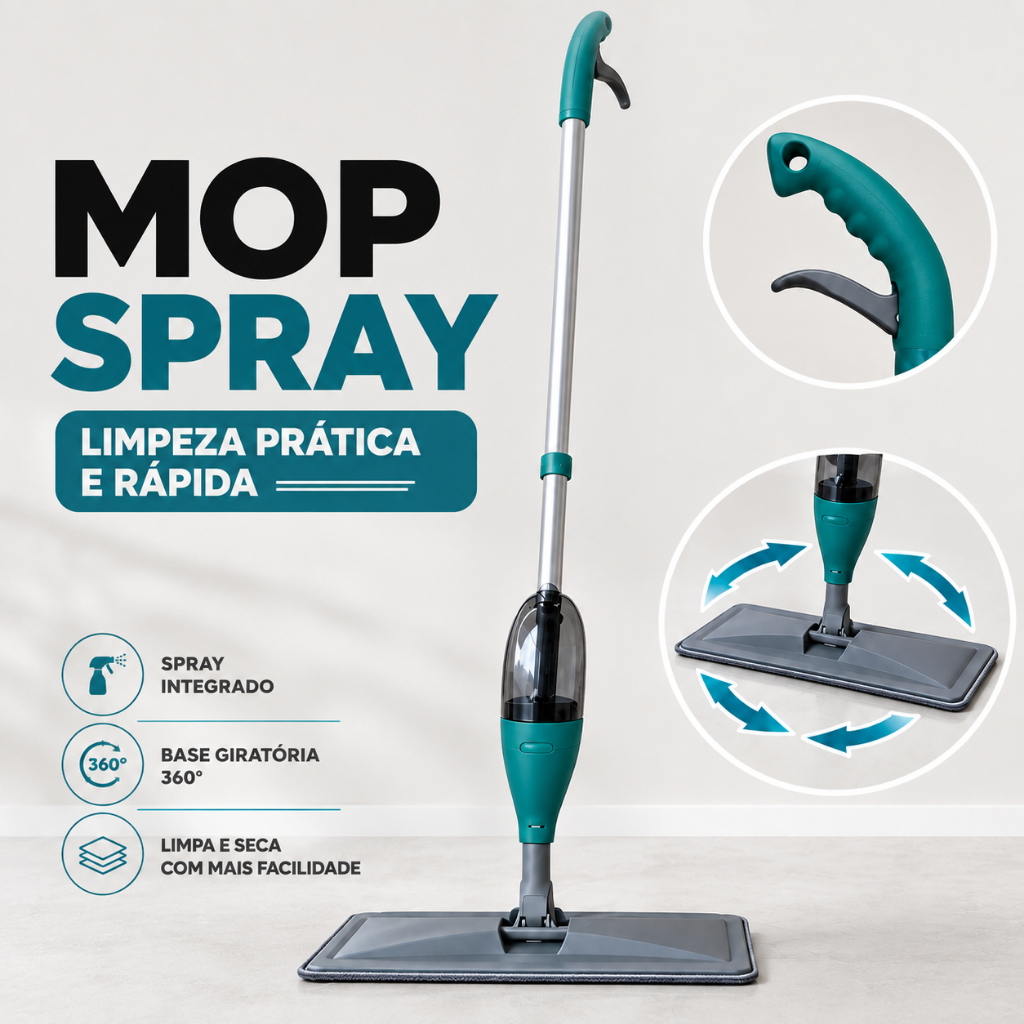Mop Spray 360° Reservatório Rodo Esfregão Mágico Microfibra Lavável Limpeza Piso Ergonômico Vassoura