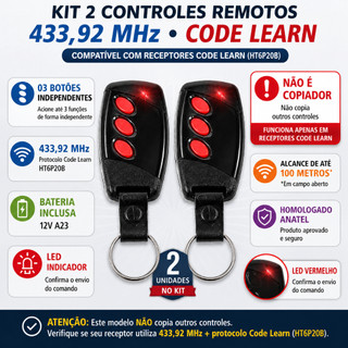 kit 2 Controles remoto de portão eletrônico com 3 Botões Hombrus marca nacional 433mhz para Alarme universal