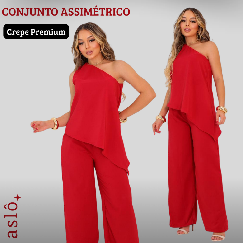 Conjunto Calça Pantalona Blusa Nula Manga Caimento Assimétrico Crepe Ombro Só P ao GG