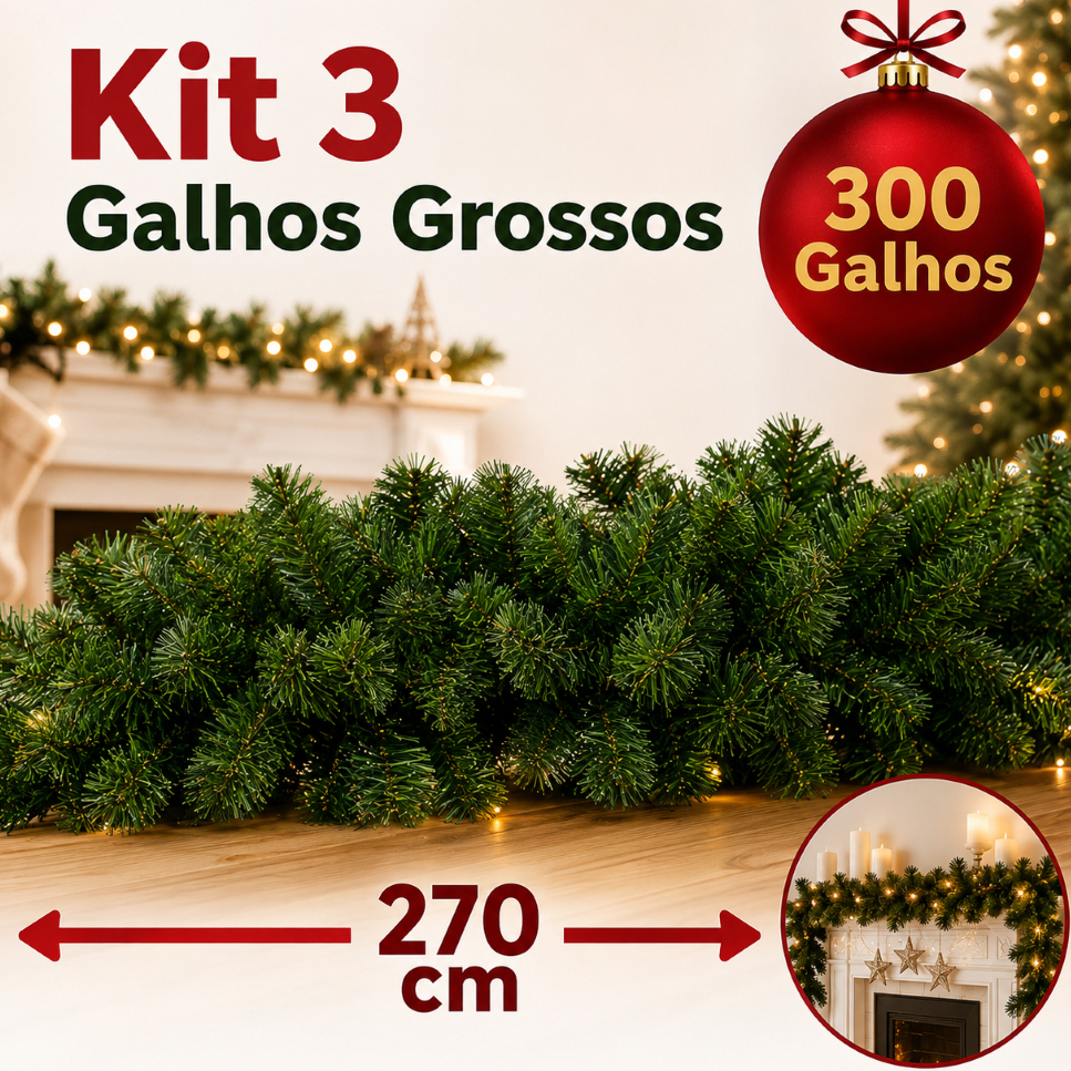 Festão Aramado Natal Galhos Grossos 180cm e 270cm Verde