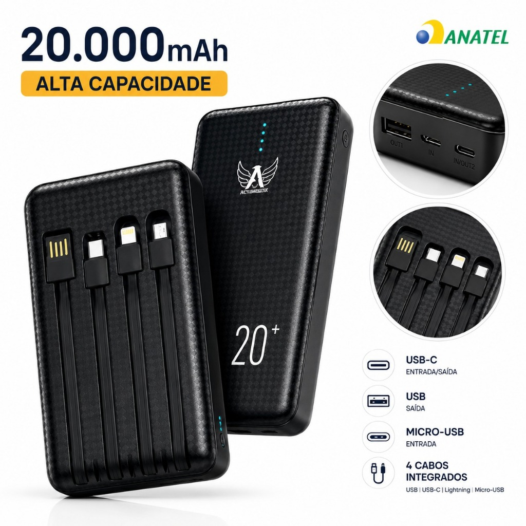 Carregador Portátil Power Bank Turbo 20000mah 4 Cabos Integrados Universal