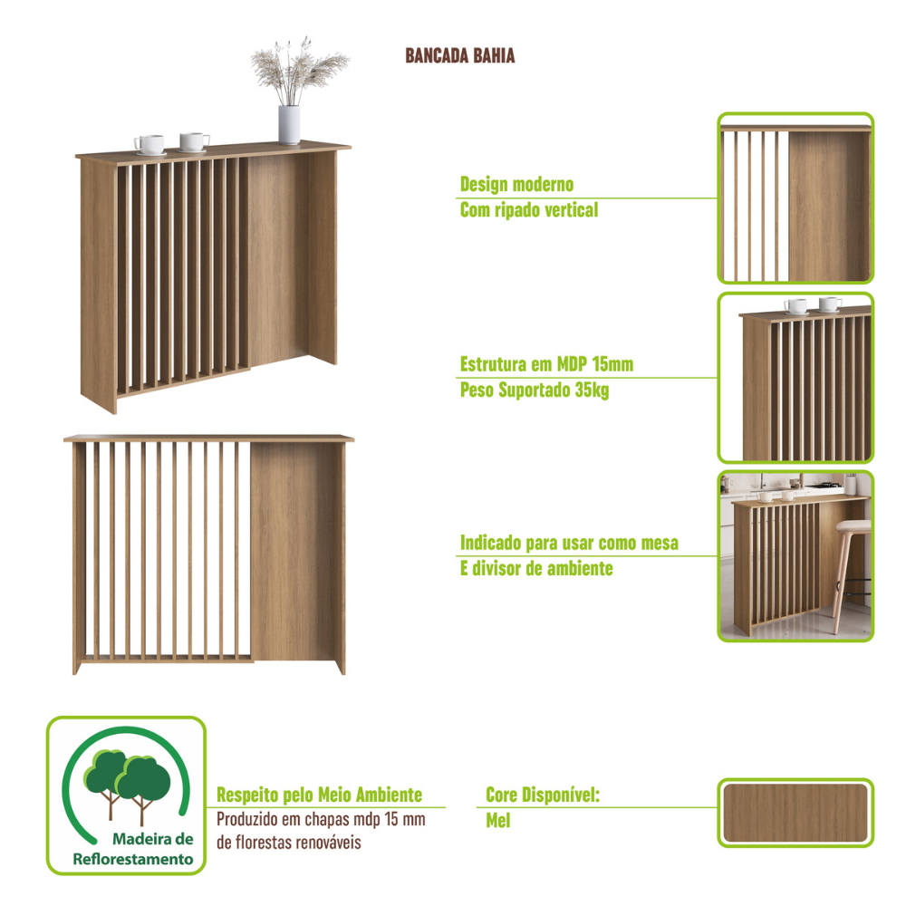 Bancada Cozinha Ilha 120cm Painel Ripado Gourmet Bahia BC1200 Cor Marrom Mel - Art In Móveis · foto 2