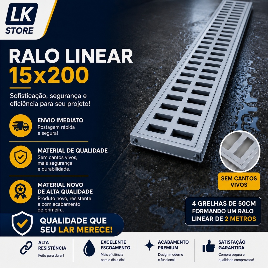 Ralo linear 15x200cm grelha e suporte para área externa, piscina e garagem ( 4 PEÇAS DE 15x50cm )