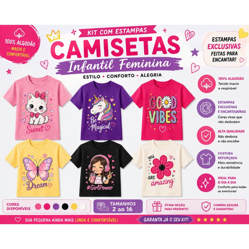 Camiseta Infantil Feminina 100% Algodão Menina Estampada – Blusa Casual Confortável e Estilosa