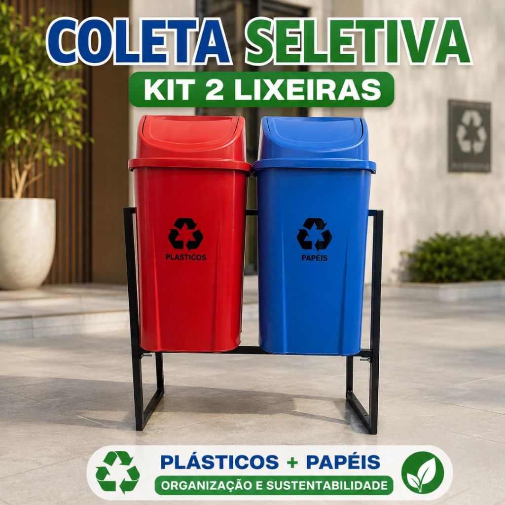 Coleta Seletiva Kit 2 Lixeiras para com Suporte – Plásticos e Papéis | Recicláveis