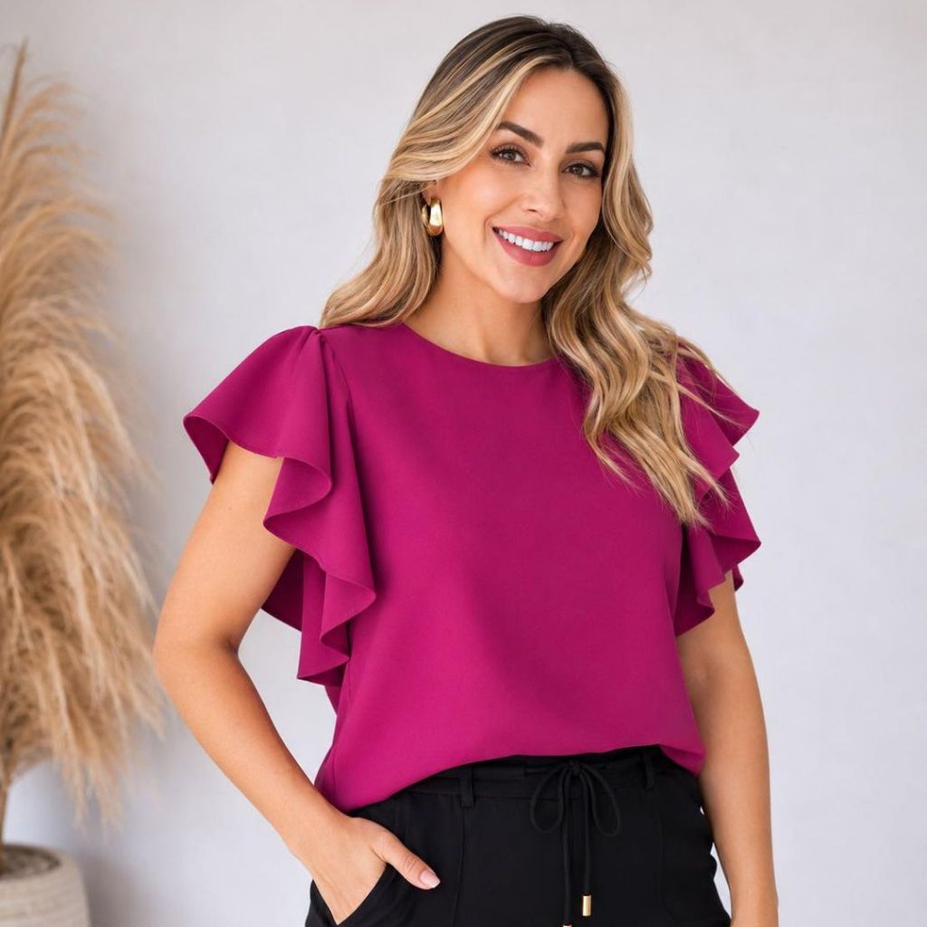 Blusa feminina de manga babado duna elegante dia a dia Casual trabalho moderna do P ao G3