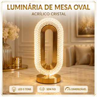 Luminária LED Retrô Cristal Touch com Três Temperaturas de Luz Abajur Oval sem fio recarregável USB-tipoC