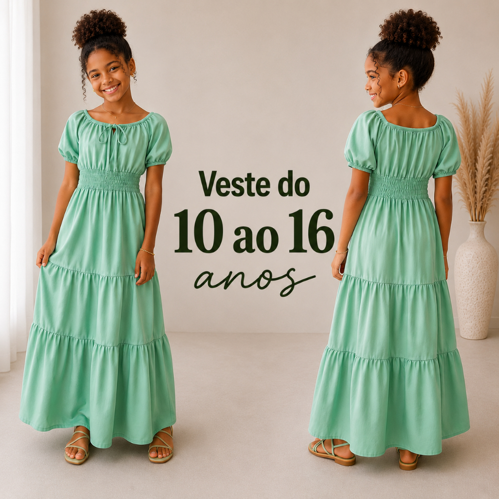 Vestido Longo Infantil Juvenil Menina 3 Marias Liso Elegante Moda Verão 10 ao 16 Anos
