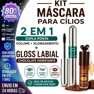 Kit Máscara para Cílios 2 em 1 Dupla Ponta Volume Alongamento + Gloss Labial Chocolate Hidratante