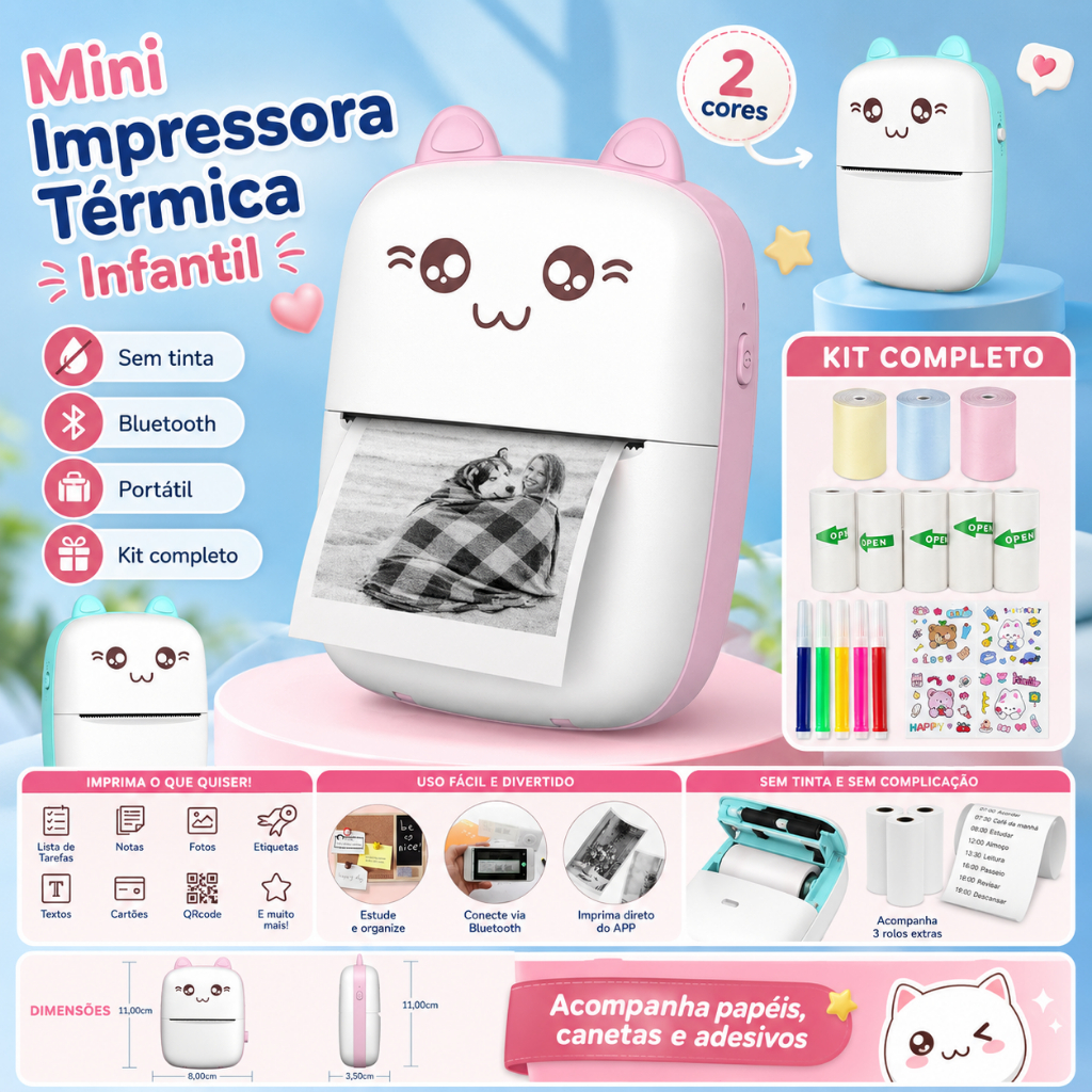 Mini Impressora Térmica Portátil Bluetooth Foto Etiqueta Adesivo Infantil Desenho Animado Sem Fio Android iOS